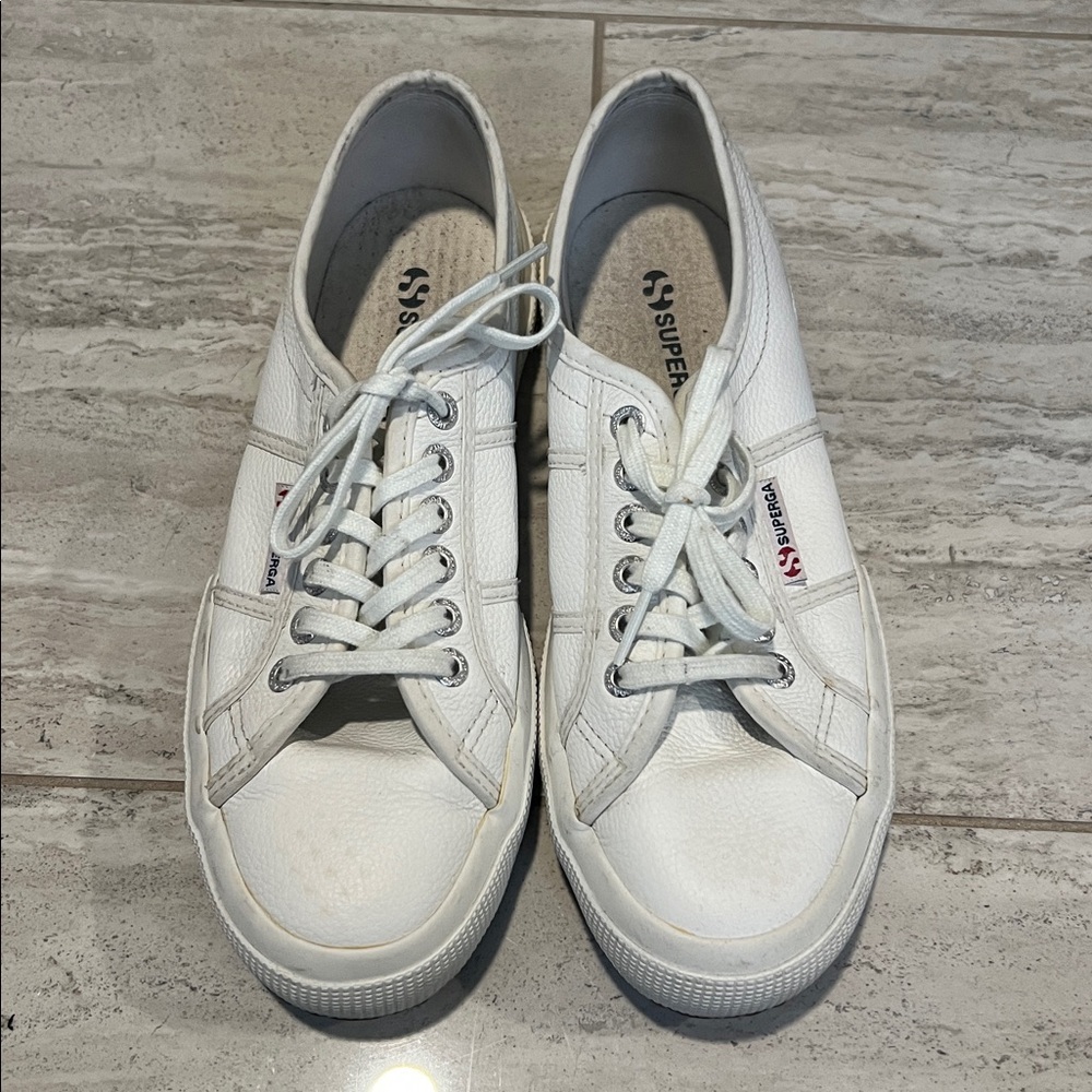 Superga Classic Leather White Lace-Up Sneakers